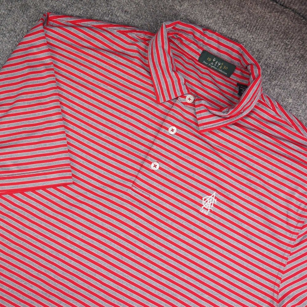 Atlanta Athletic Club Polo Mens Large Red Gray Striped Tour Trophies Collection
